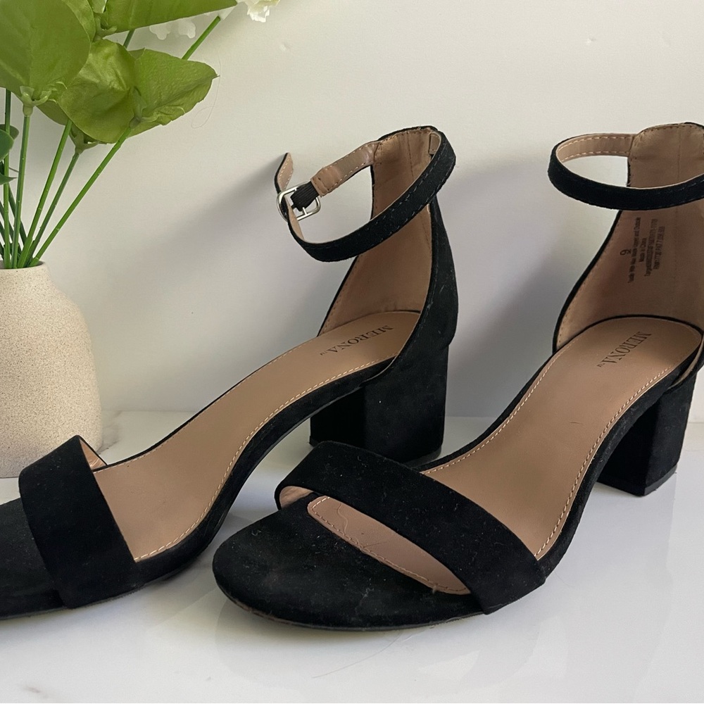 Black velvet block heels